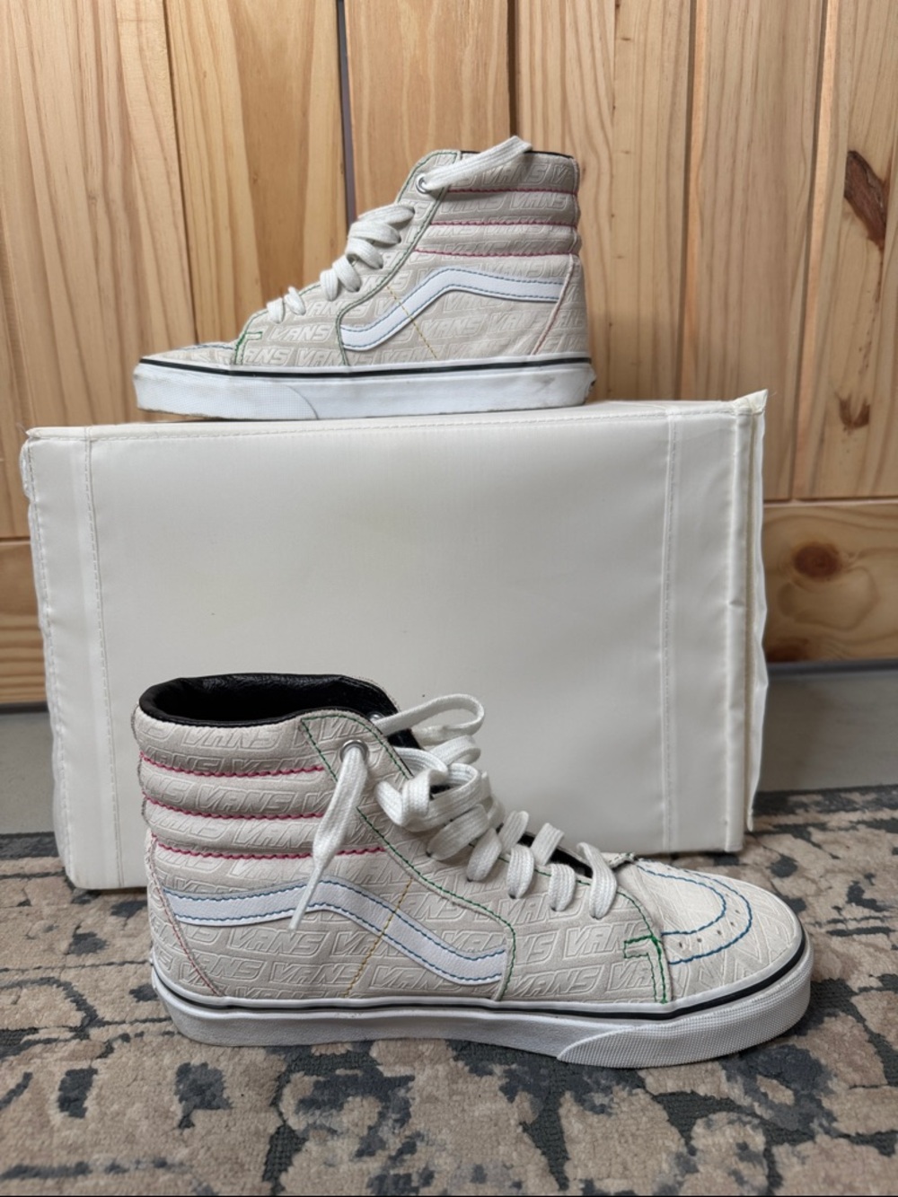 Vans Cream High-Top Sneakers with Multicolor Stitching